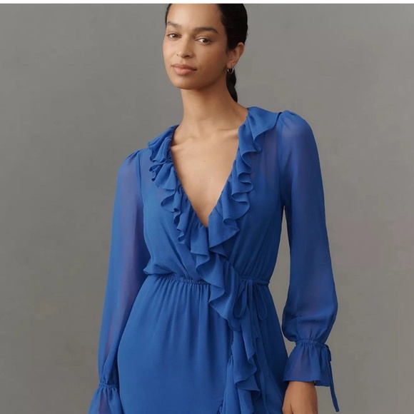 Anthropologie Long-Sleeve Ruffled Asymmetric Midi Dress SZ L - Picture 1 of 3